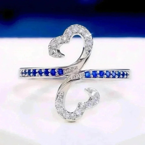New 14k Gold Plated Silver Diamond Blue Sapphire Infinity Heart Ring - Picture 3 of 5